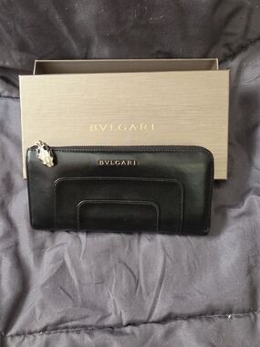 BVLGARI Black Leather Zip Wallet with Serpenti Charm